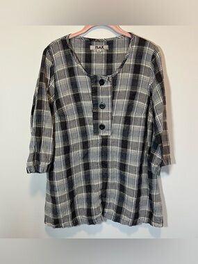 Flax Women’s Gray Black Plaid 100% Linen Tunic Top Lagenlook Boho Small